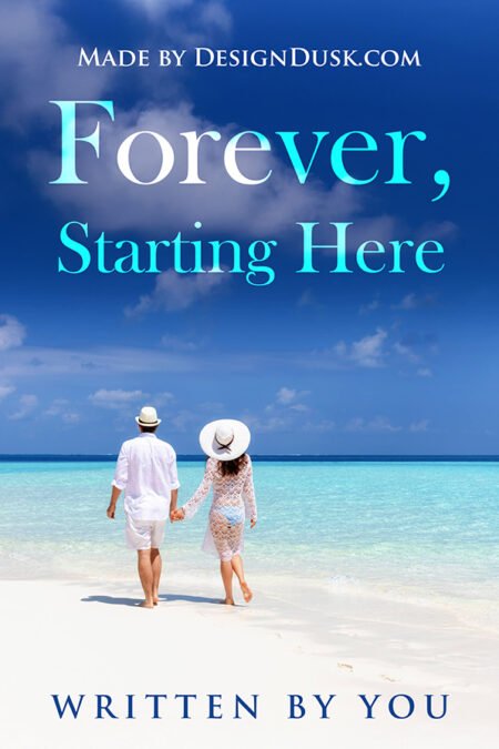 A couple dressed in white hold hands as they walk along a bright tropical beach toward a turquoise sea.