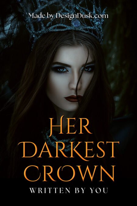A pale dark-haired queen wearing an ornate black crown stares forward from a shadowed forest.