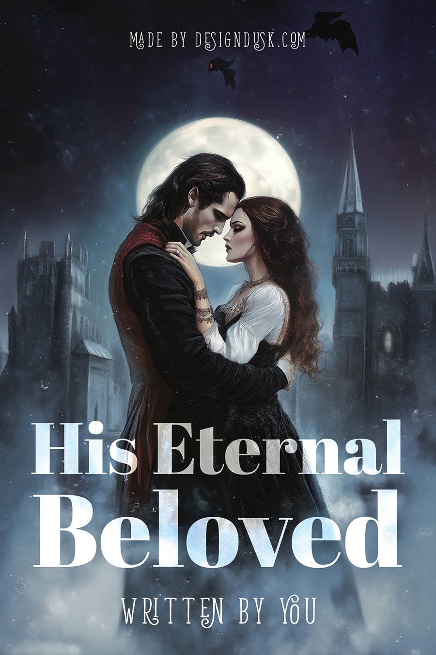 A dark-haired man and woman embrace beneath a full moon with a gothic castle and bats in the mist behind them.