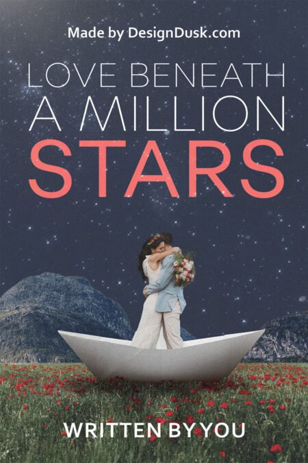 A newlywed couple embraces in a white paper boat on a flowered hillside beneath a deep blue star-filled sky.