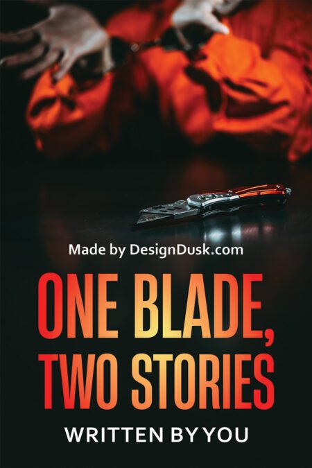 An open folding knife lies on a dark table while a blurred person in red clothing sits handcuffed in the background.