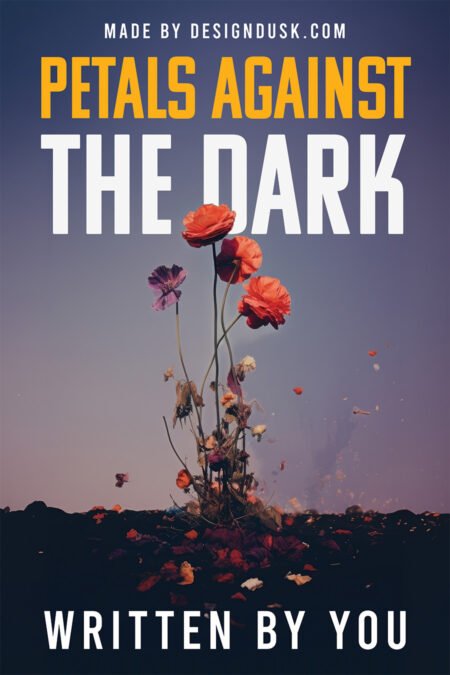 Red and purple flowers rise from black soil against a muted violet sky as loose petals drift away.