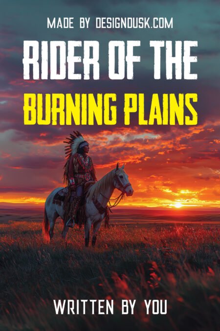 A lone Indigenous warrior rides a horse across open grassland beneath a vivid red and orange sunset.