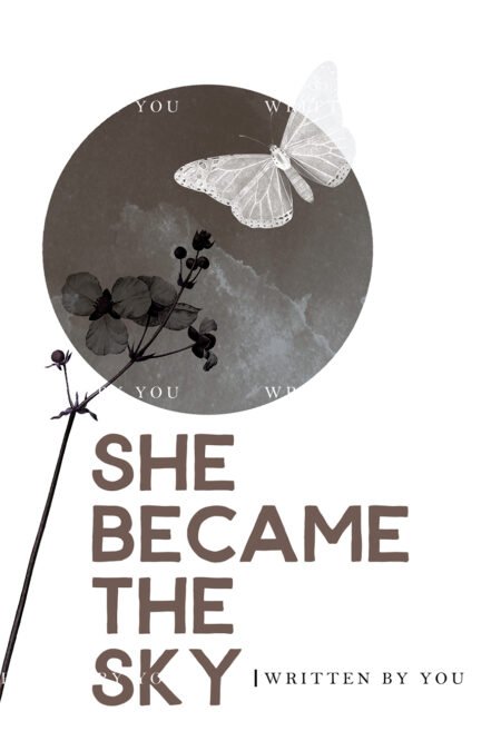 A pale butterfly flies above dark flowers and a grey circular sky on a clean white background.