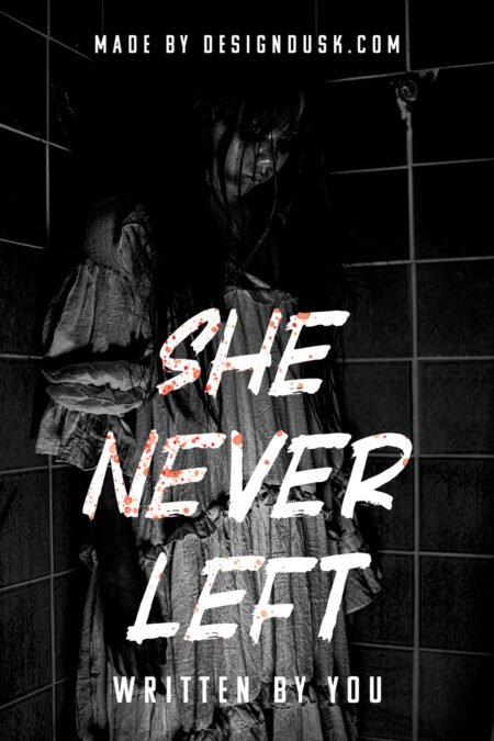 A ghostly woman with long dark hair and a torn dress stands inside a shadowy black-tiled room.