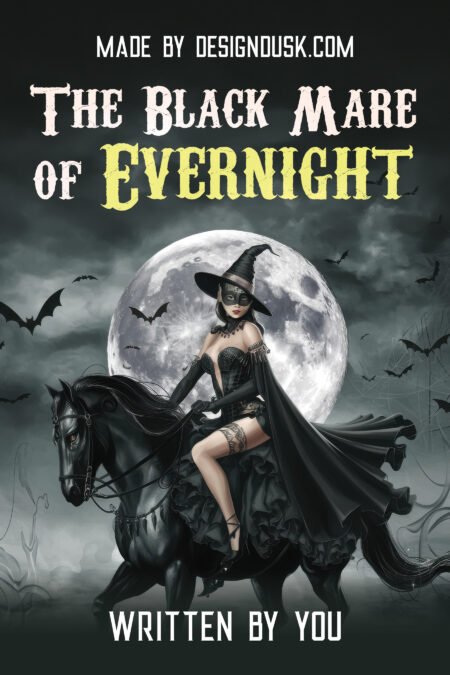 A witch in a pointed hat and black cloak rides a dark horse beneath a full moon surrounded by flying bats.