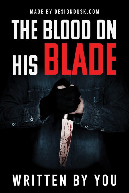 A shadowed person in black gloves grips a large bloodstained knife against a dark background.