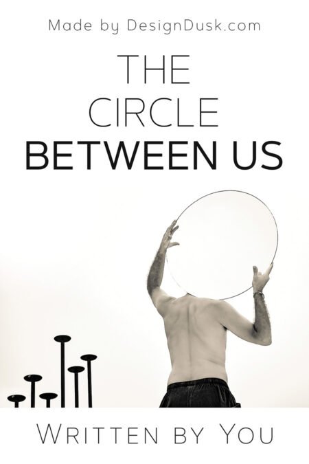 A shirtless figure seen from behind raises a thin circular hoop above small black plant-like forms on a white background.