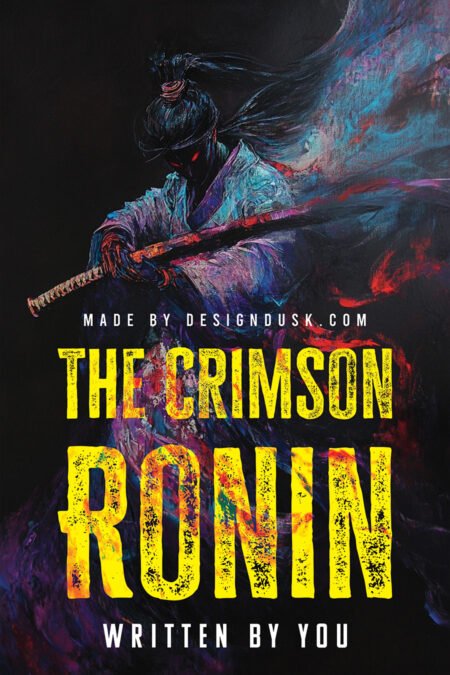 A shadowed samurai with glowing red eyes grips a sword amid sweeping strokes of blue, purple, and crimson paint.