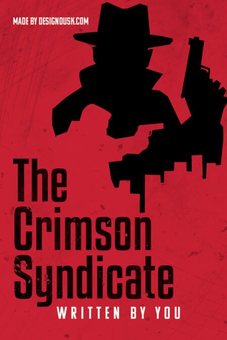 Black silhouettes of armed figures in hats stand above a dripping city skyline on a textured red background.