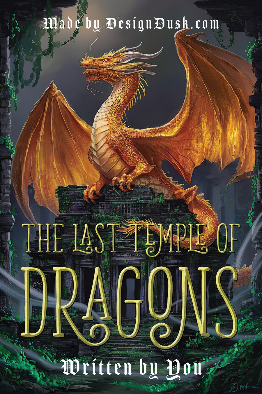 A large golden dragon spreads its wings while perched on the ruins of an ancient temple surrounded by dense green forest.