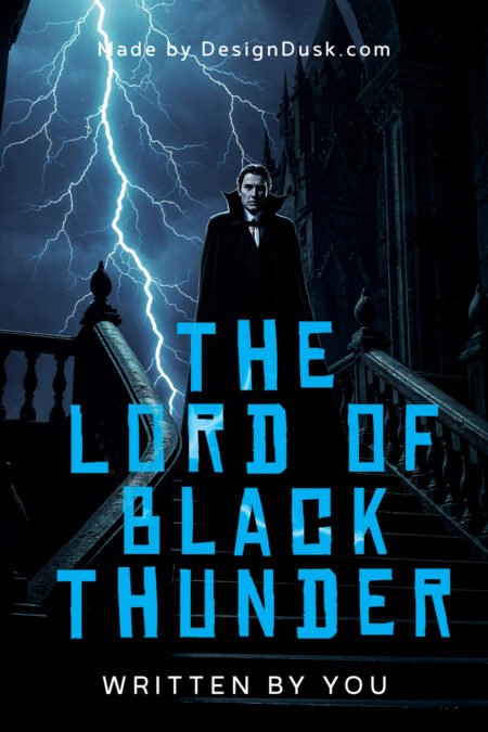A stern man in a black coat stands on the steps of a dark mansion as blue-white lightning splits the night sky.