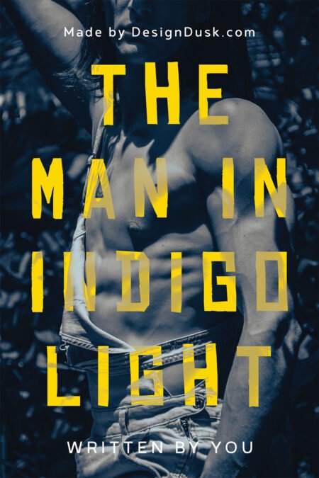 A man's face is partly obscured by deep blue shadows, rain-like streaks, and pale indigo light.