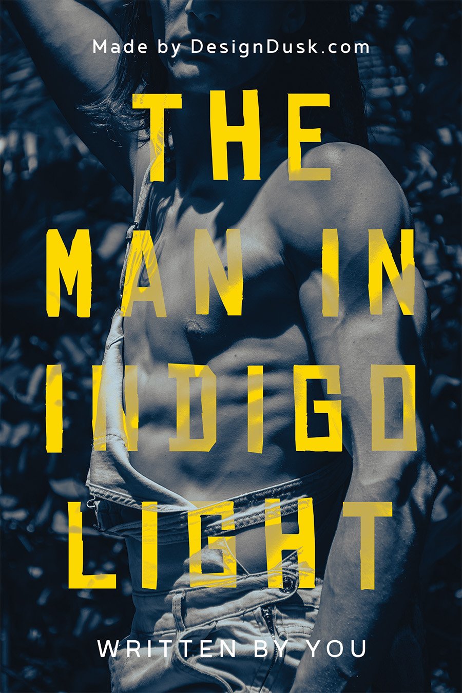 A man's face is partly obscured by deep blue shadows, rain-like streaks, and pale indigo light.