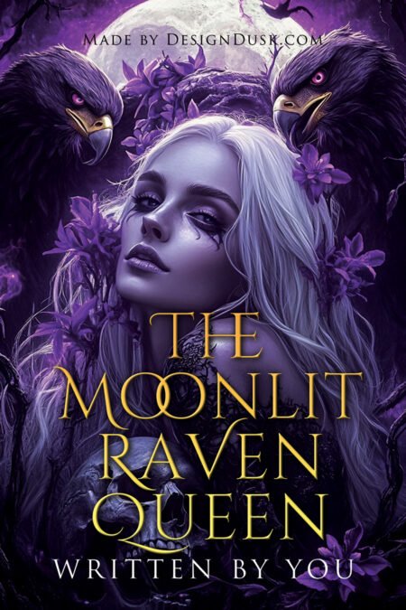 A silver-haired woman with dark tear-like markings is framed by purple flowers and two black ravens beneath moonlit clouds.