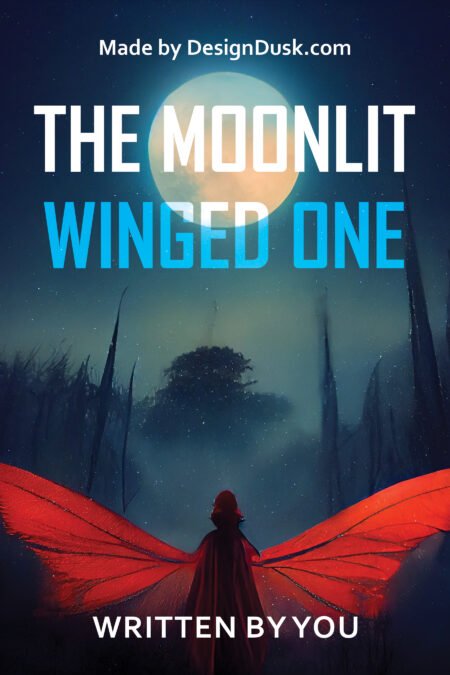 A small cloaked figure with wide red wings stands in a dark forest clearing beneath a pale full moon.