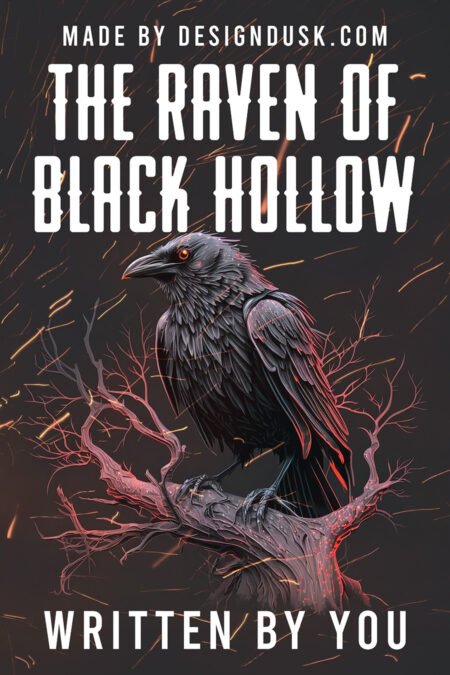 A black raven with a glowing red eye perches among twisted red branches against a dark charcoal background.