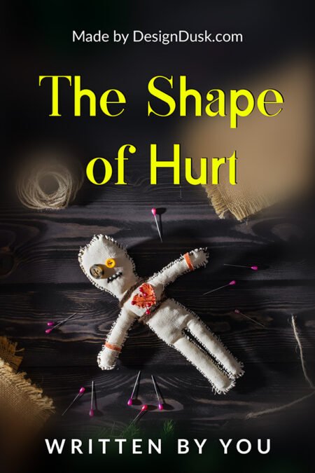 A stitched cloth doll with a red heart lies on a dark wooden table surrounded by scattered pins and thread.