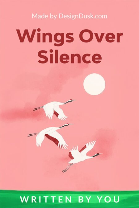 Three white cranes fly beneath a pale sun across a minimalist pink sky above a narrow green landscape.