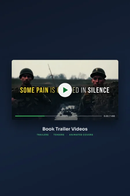 Paused book trailer video frame with play button: trailers, teasers and animated covers by DesignDusk