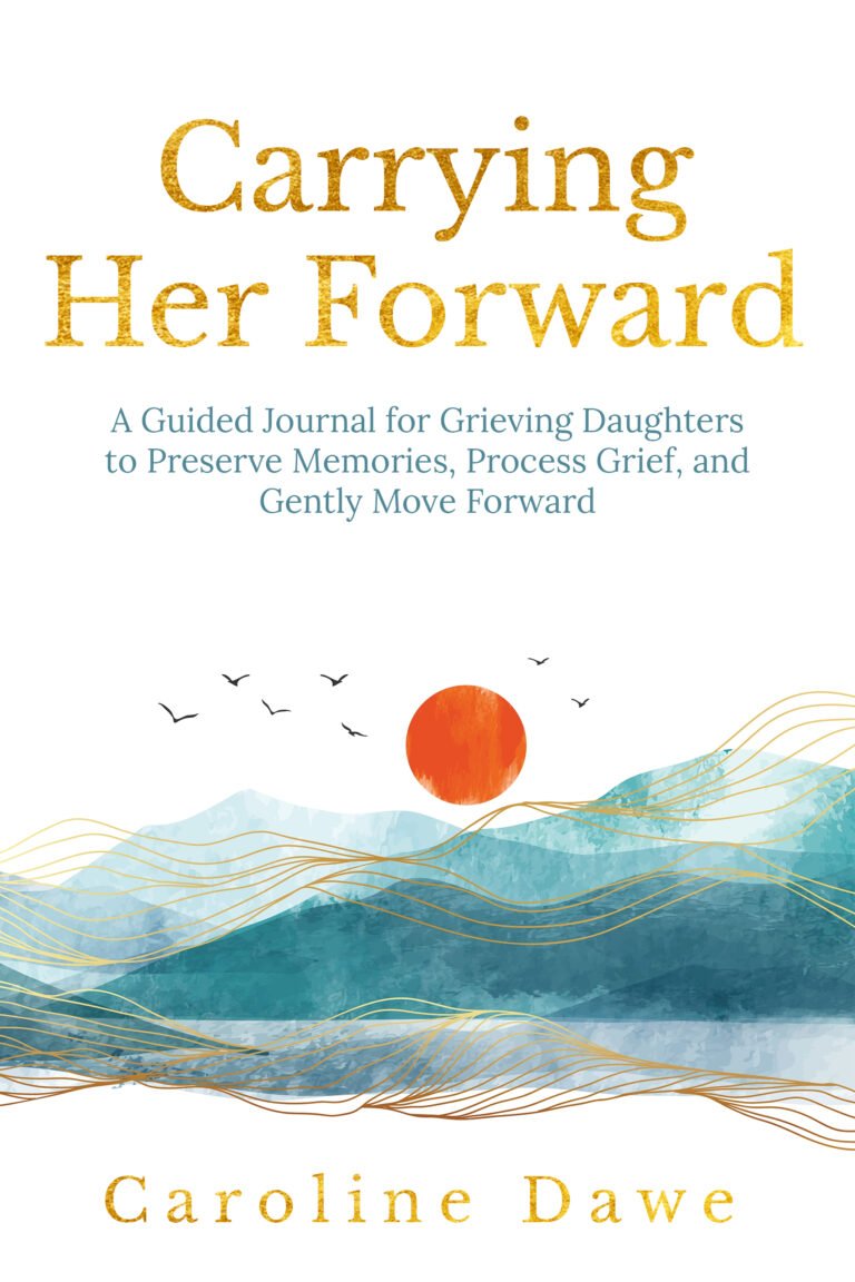Carrying Her Forward by Caroline Dawe: layered teal watercolour mountains with gold contour lines, an orange sun and a small flock of birds on white