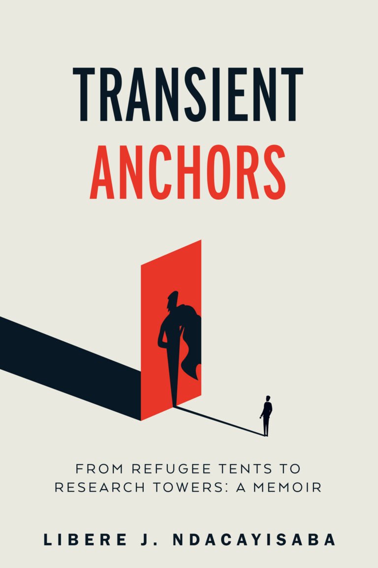 Transient Anchors by Libere J. Ndacayisaba: a tall red doorway with a dark caped silhouette inside it, a long shadow reaching a small figure, on an off-white background