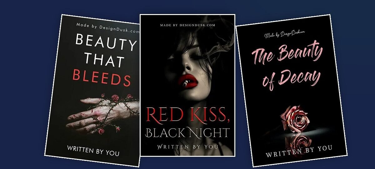 Three DesignDusk dark romance book covers fanned across a navy background