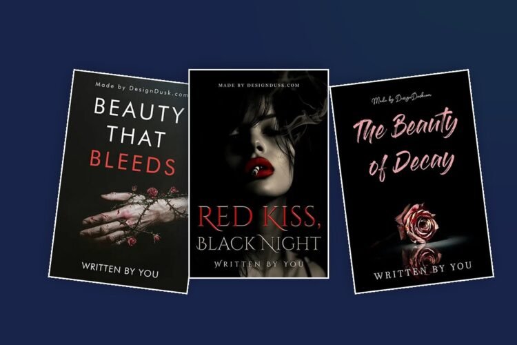 Three DesignDusk dark romance book covers fanned across a navy background