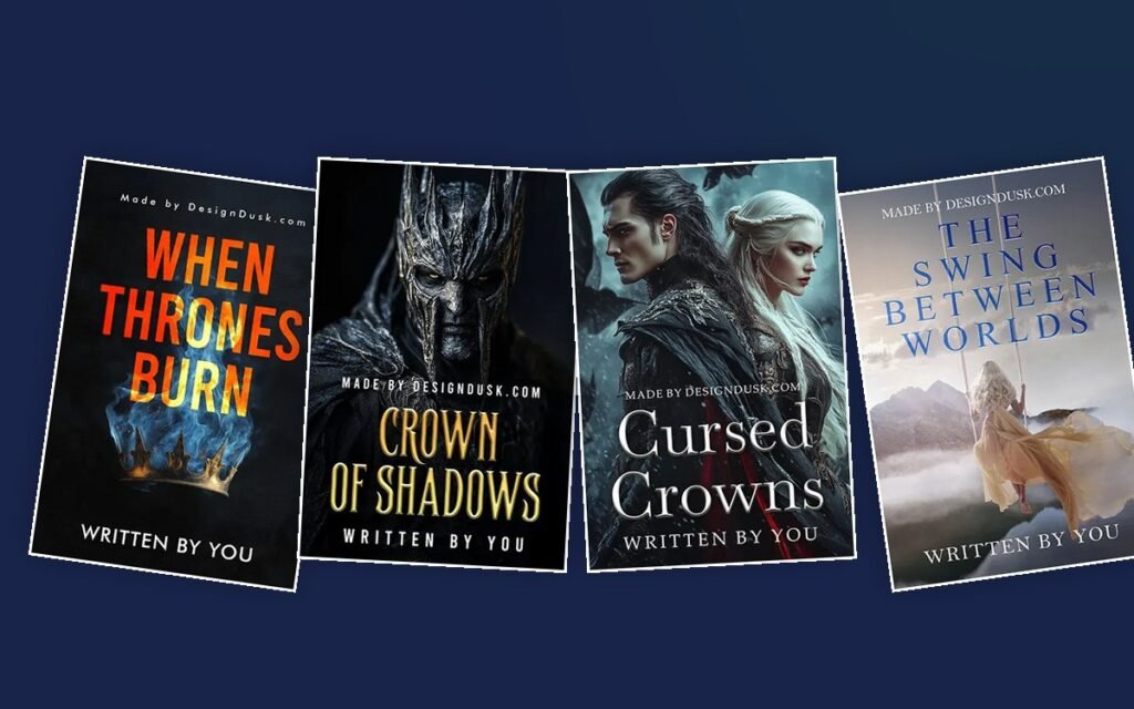 Four DesignDusk fantasy book covers fanned across a navy background