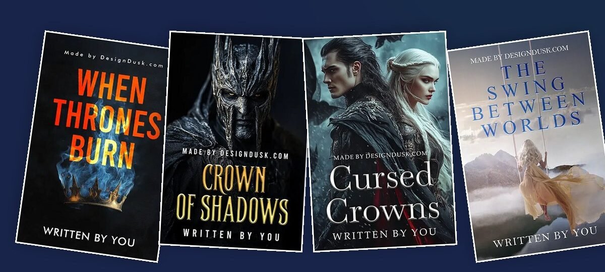 Four DesignDusk fantasy book covers fanned across a navy background