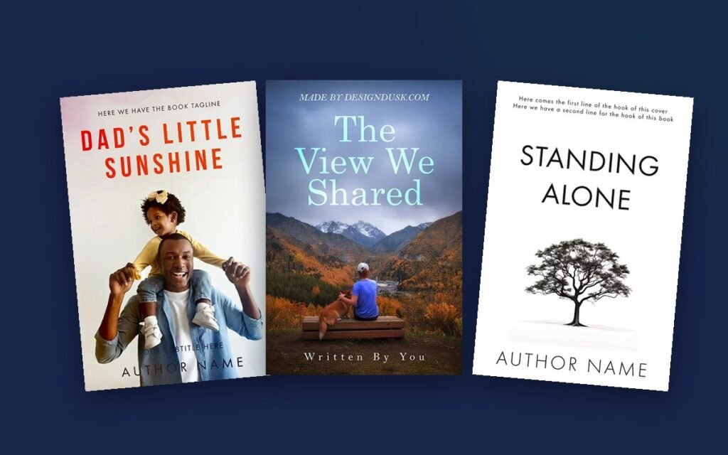 Three memoir cover approaches: a portrait, a back-turned figure, and a symbolic object