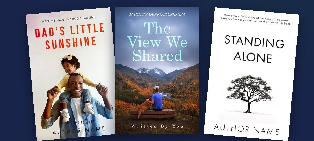 Three memoir cover approaches: a portrait, a back-turned figure, and a symbolic object