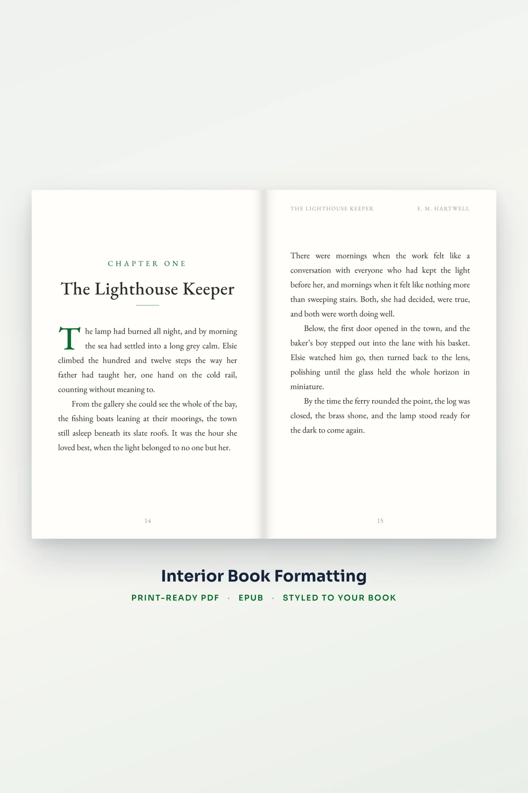 Typeset interior book spread: chapter opener and body page, with print-ready PDF and EPUB formats