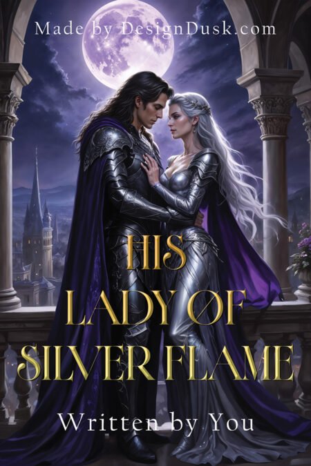 An armoured dark-haired man and silver-haired woman embrace beneath a full moon on a gothic castle balcony.