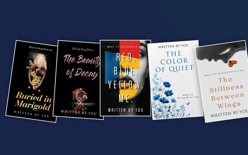 Five DesignDusk poetry book covers fanned across a navy background