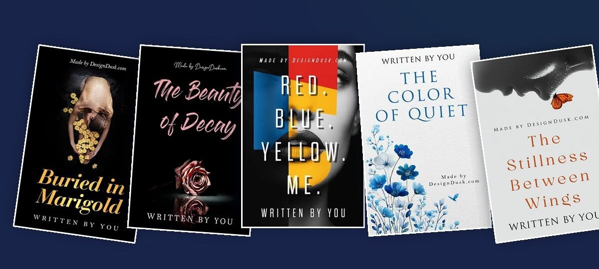 Five DesignDusk poetry book covers fanned across a navy background