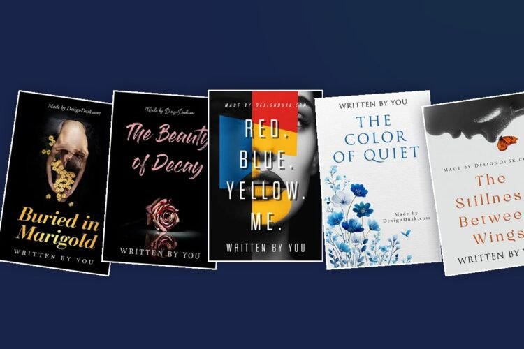 Five DesignDusk poetry book covers fanned across a navy background
