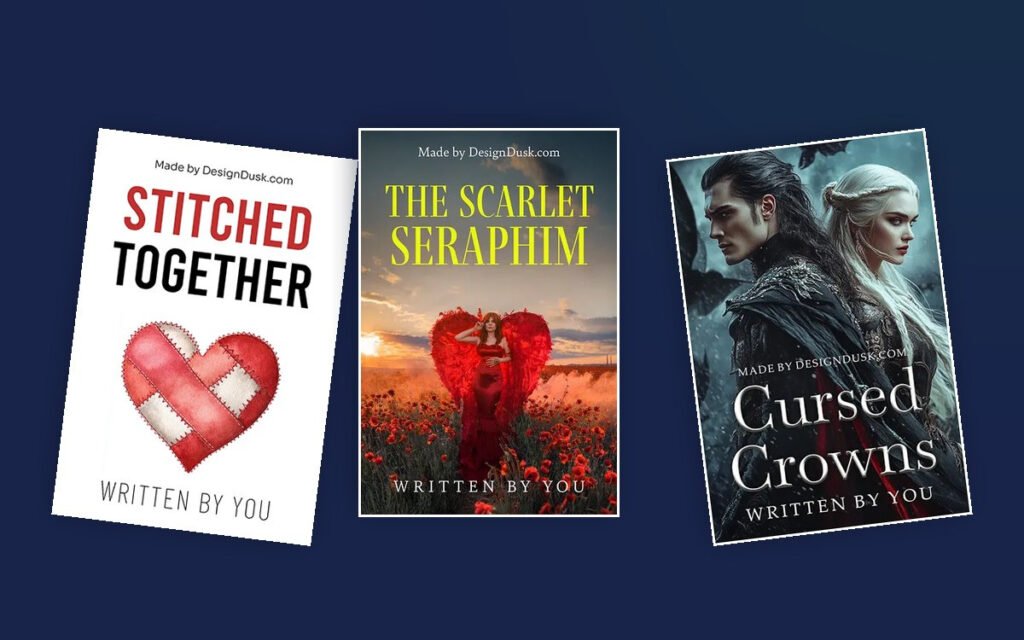 Three DesignDusk romance book covers fanned across a navy background
