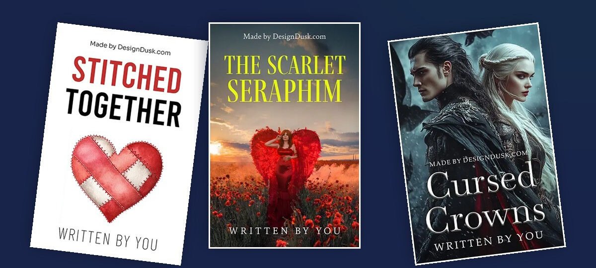 Three DesignDusk romance book covers fanned across a navy background