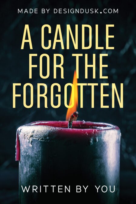 A thick dark candle burns with a small flame as red wax runs down its sides against a smoky black background.