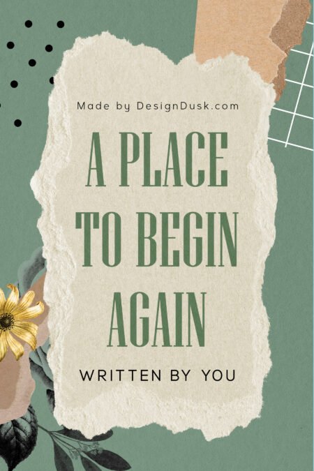 A torn cream paper panel with green lettering is layered over muted collage shapes and small botanical details.