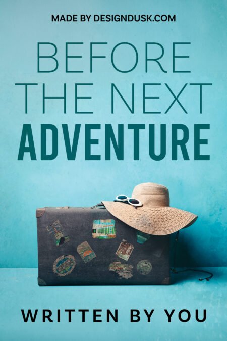 A vintage sticker-covered suitcase and wide sunhat rest against a bright turquoise wall.