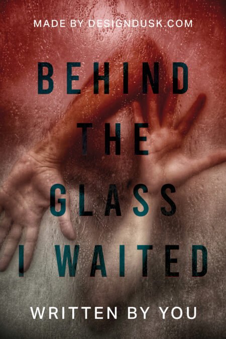 A blurred hand presses against wet textured glass while a shadowed human figure stands behind it.