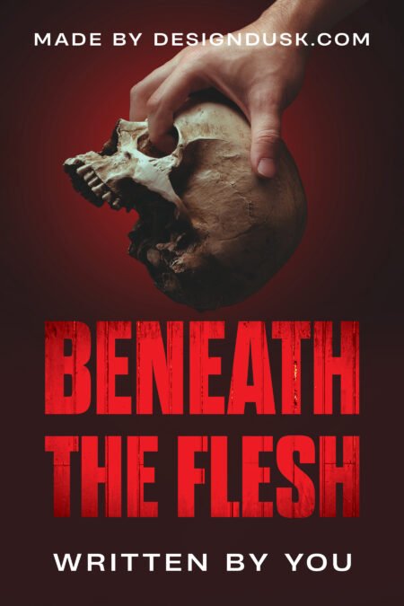 A human hand grips the top of a broken skull against a dark red and black background.