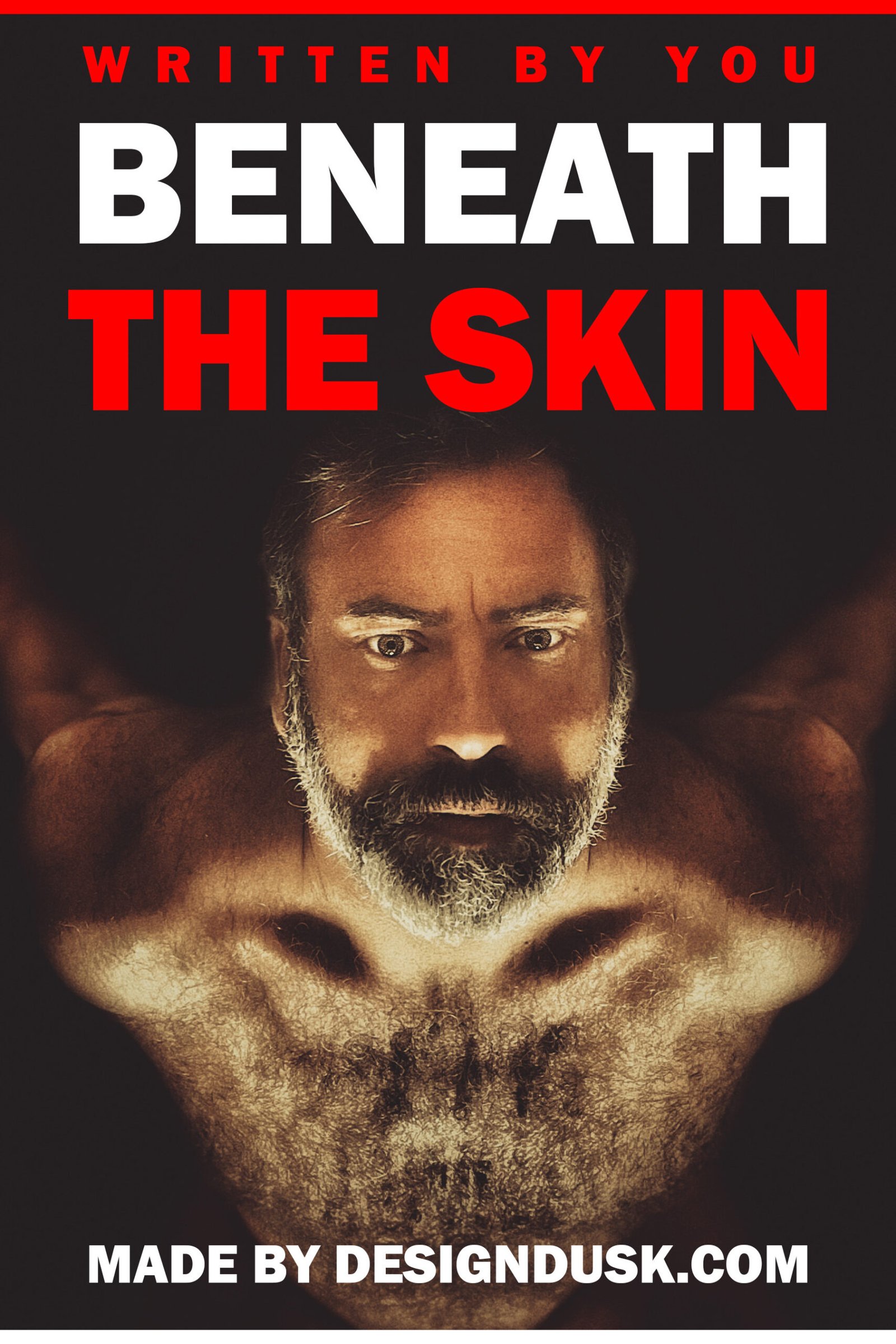 A bearded man's face and bare chest glow in harsh firelight while shadowy hands reach toward him from the darkness.