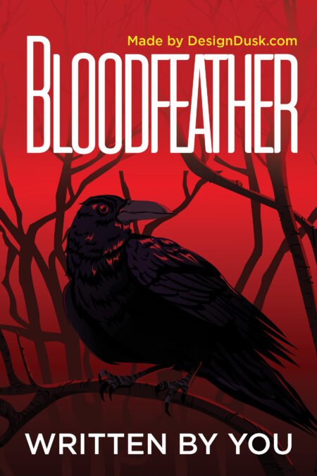 A black raven with a glowing red eye perches among sharp dark branches against a vivid blood-red sky.