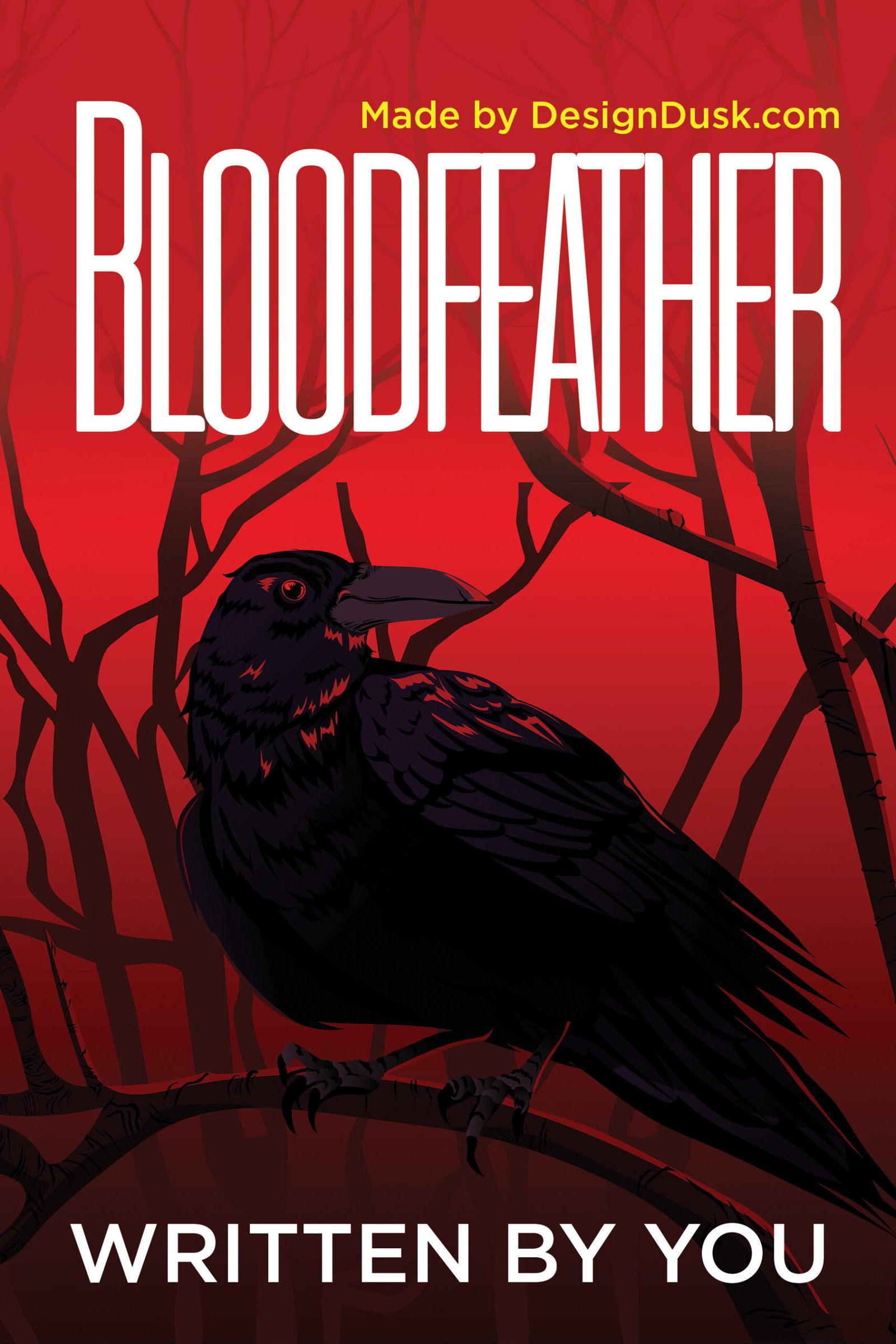 A black raven with a glowing red eye perches among sharp dark branches against a vivid blood-red sky.