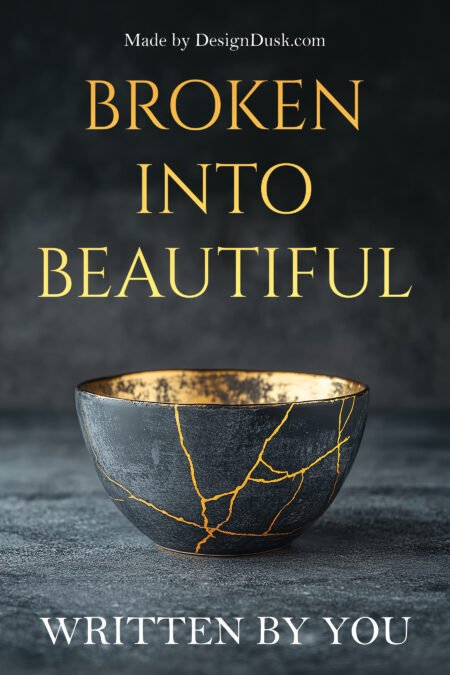 A dark ceramic bowl repaired with bright gold seams rests on a grey surface against a smoky black background.
