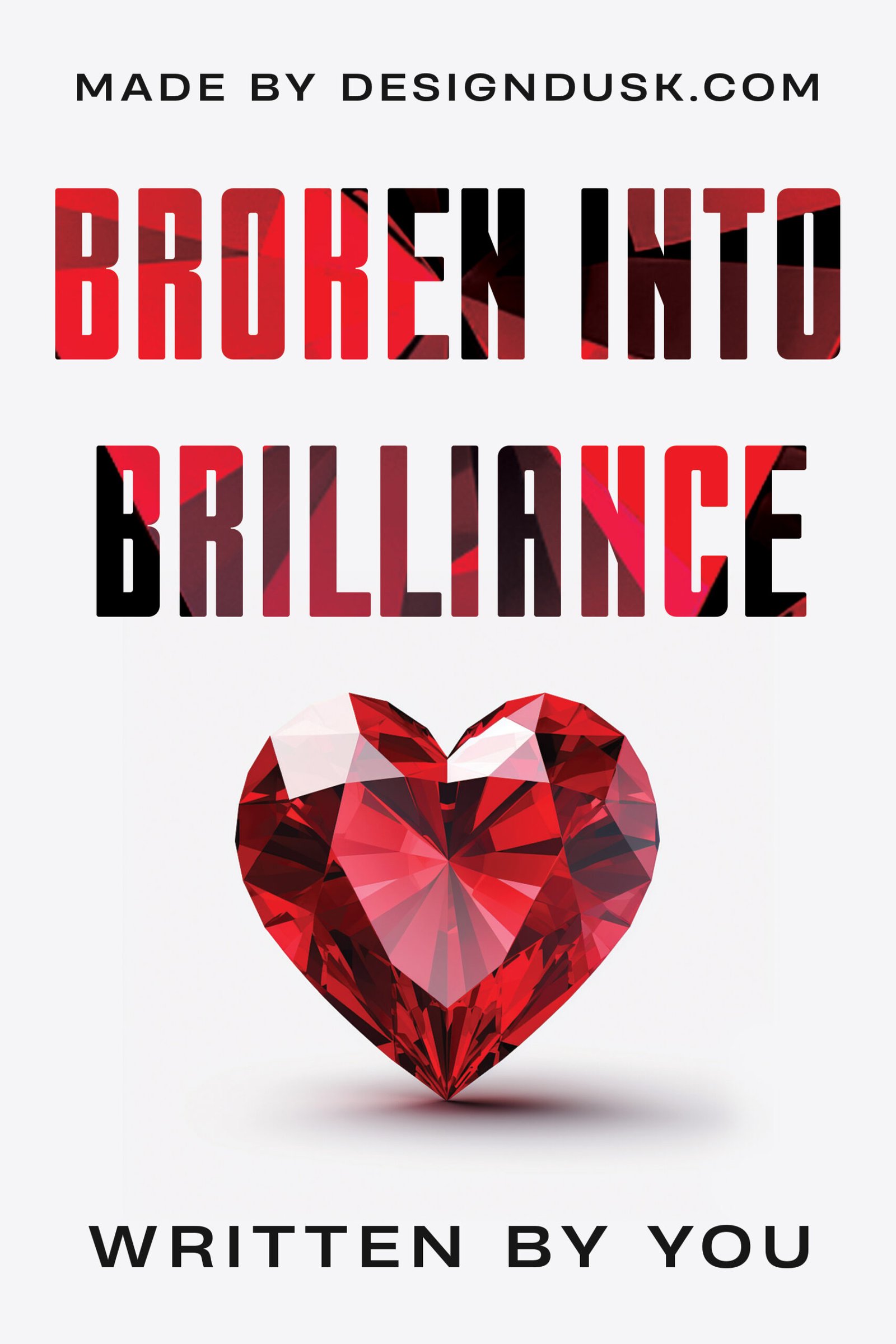 A faceted red crystal heart floats against a clean white background beneath bold red and black lettering.