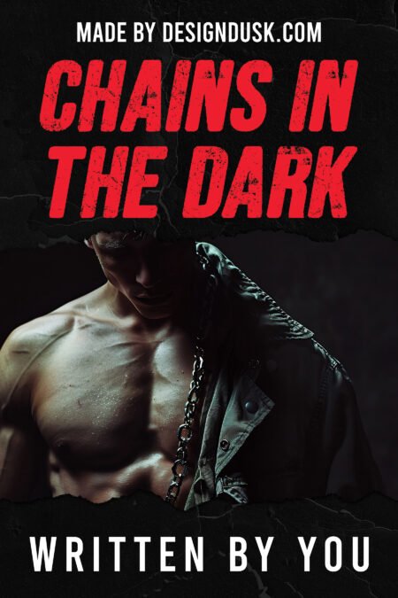 A shirtless muscular man in a dark leather jacket stands in shadow with a heavy chain crossing his chest.